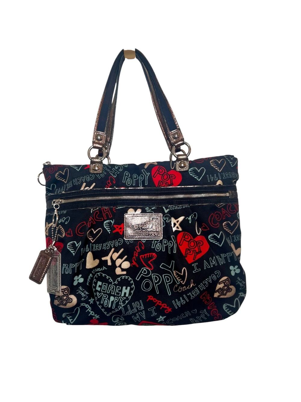RARE Coach Poppy Large Black Red Glam Graffiti Hearts Doodle Y2K Tote Handbag